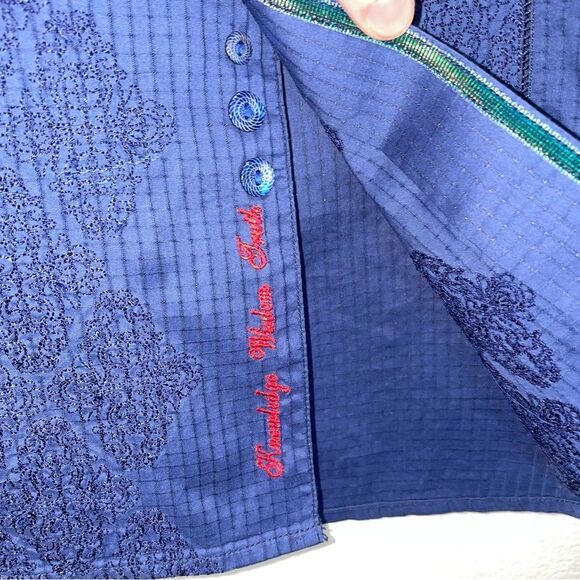Robert Graham XL Flip Cuff Top Navy Blue Cotton Windowpane Embroidered Collar - Picture 4 of 10